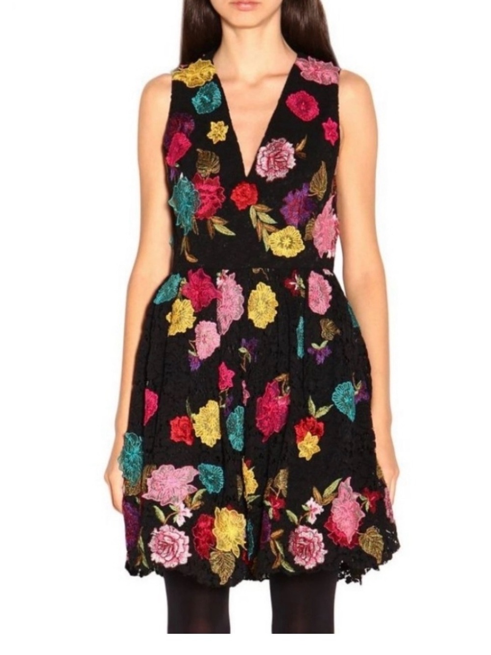 Alice + Olivia Black V-Neck Mini Dress with Colorful Floral Appliqué
